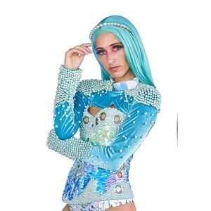 Jackalope Land Daydream Pearl Long Sleeve Baby Blue Iridescent Ultra Crop Top z0